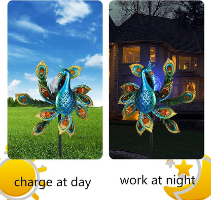 Solar Wind Spinner Outdoor Metal Kinetic Wind Spinners with LED Lighting Glass Ball Peacock Wind Spinner with Stake Decorative Windmill for Yard Lawn Garden Patio Decor