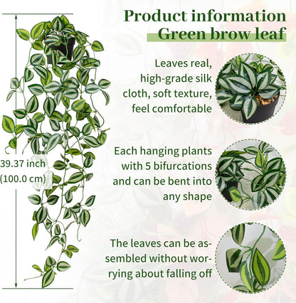 Artificial Plants Indoor Small Potted Hanging Vine plnat 39-in Long Fake Green Eyebrow Leaf Plant Faux Trailing Plant for Home Office Livingroom Desk Shelf Mantle Decoration (Black Pot)