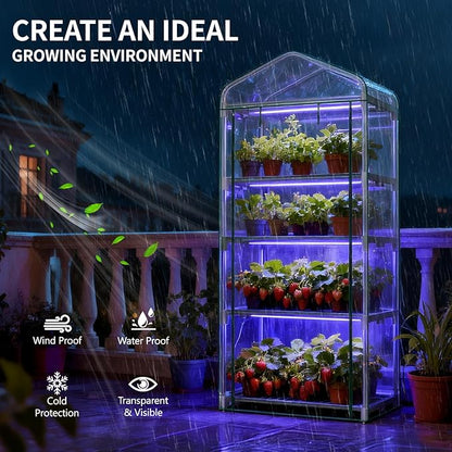 Indoor Greenhouse with Grow Light, 4-Tier 27.6"x19"x63" Mini Greenhouse with Roll-Up Zippered PVC Cover for Seed Starting Trays, Dimmable Grow Light Shelf for Indoor Plants with Timer