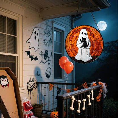 Stained Glass Window Hanging - Halloween Cute White Ghost Black Cat Suncatcher for Doors Garden Home Spooky Orange Sun Catchers Gothic Decor Horror Gift for Women Men Friend Boy Girl 7.8 in