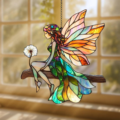 Cute Fairy Acrylic Suncatcher Stained Glass Effect Window Car Hanging Christmas Ornament Indoor Outdoor Decor Garden Sun Catcher Panel Gifts for Fairy Tale Lover for Women Mom Grandma