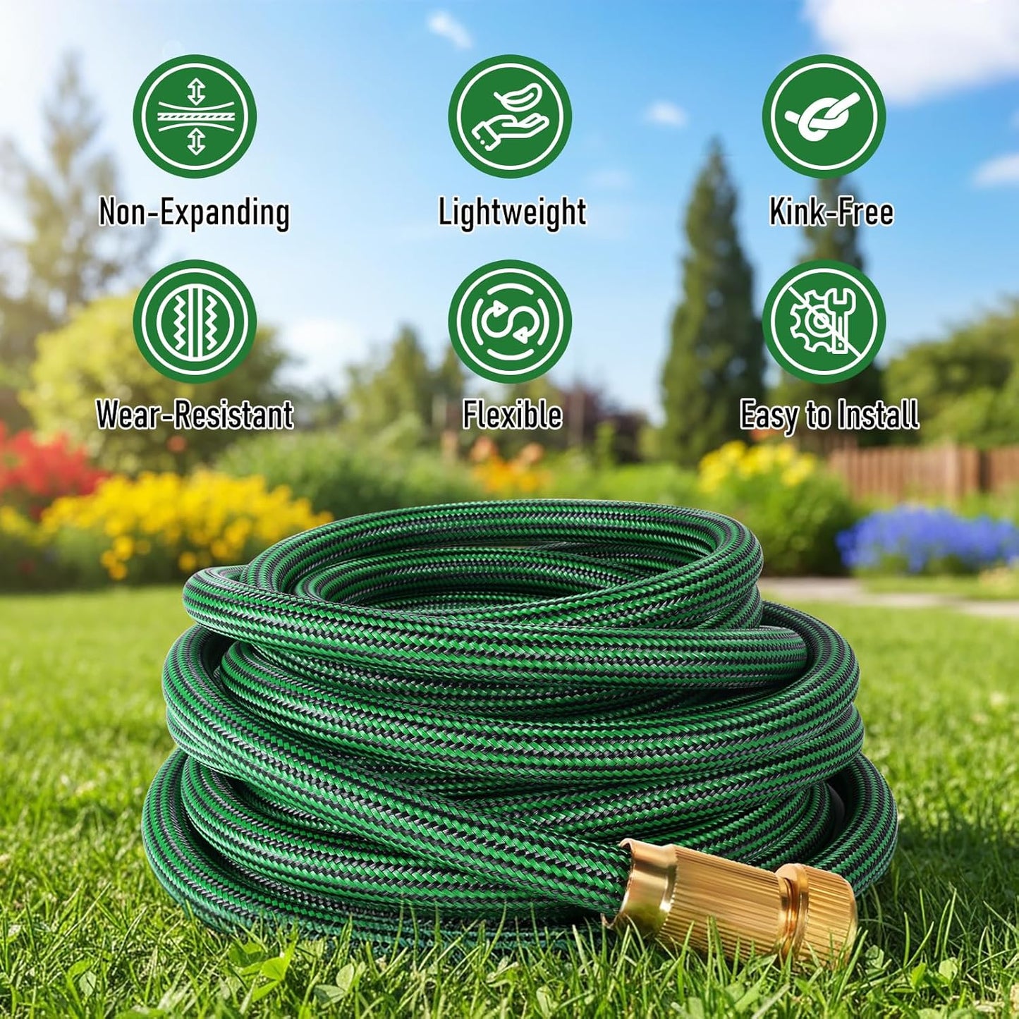 NON-EXPANDABLE Garden Hose 50 ft, Heavy Duty Flexible Water Hose, Kink Resistant Lightweight Hybrid Hose with Durable Fabric Skin, Leakproof Hose Male to Female Fittings