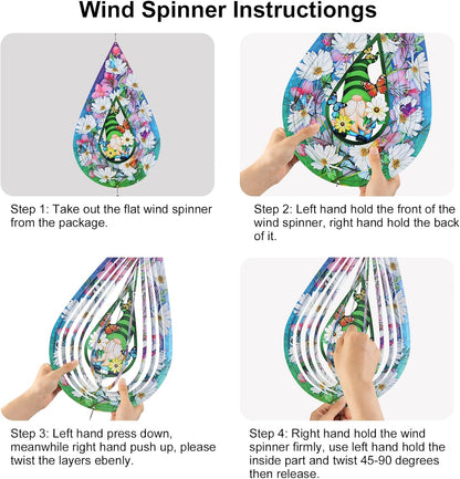 Gnomes and Butterfly Hanging Wind Spinners, Outdoor 3D Metal Sculptures for Garden and Yard Decoration Large Wind Spinner with a 360° Rotating Hook, Gifts for Women Mom Grandma Wife