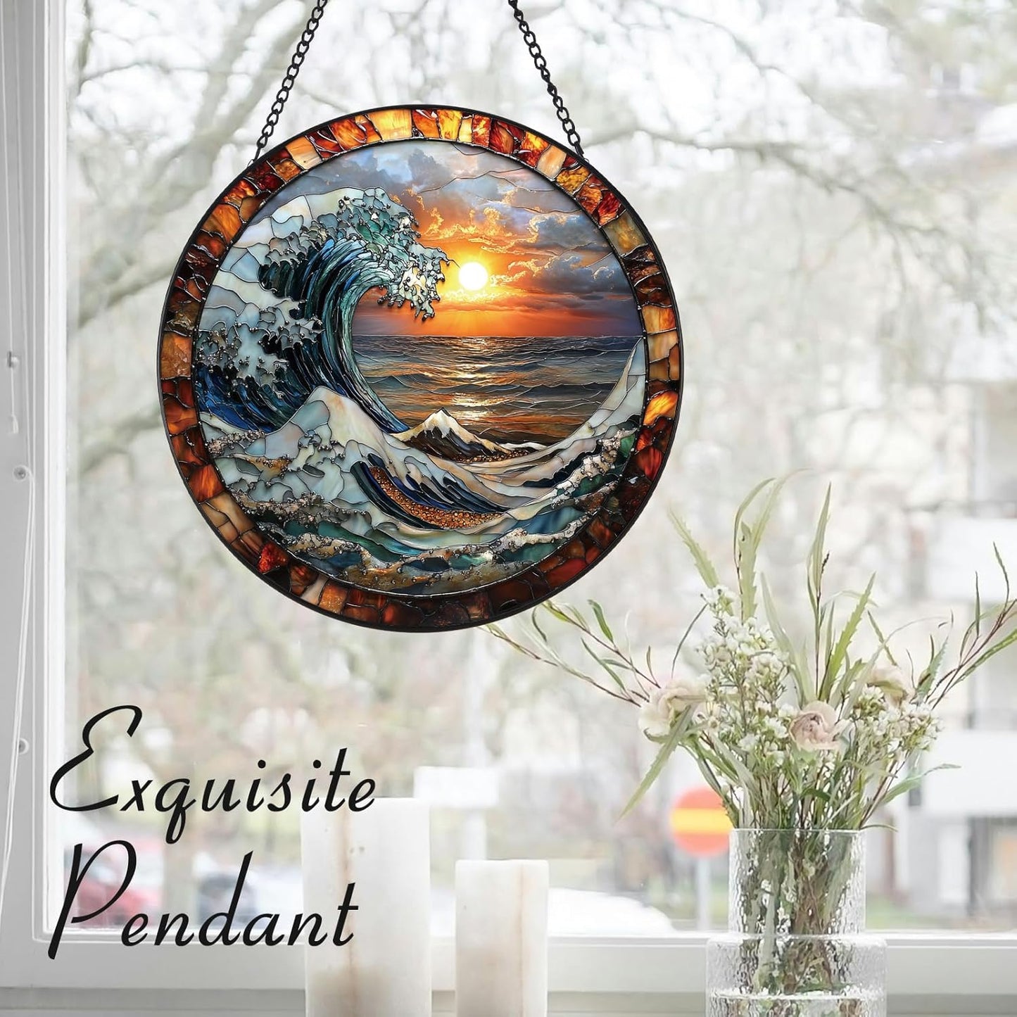 The Ocean Waves and The Sunrise Suncatcher -7.9 in Stained Glass Window Hanging Sun Catcher Garden Decor