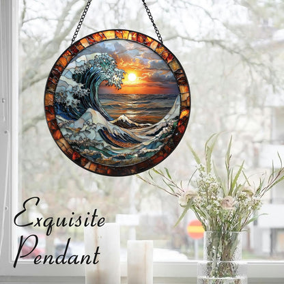 The Ocean Waves and The Sunrise Suncatcher -7.9 in Stained Glass Window Hanging Sun Catcher Garden Decor
