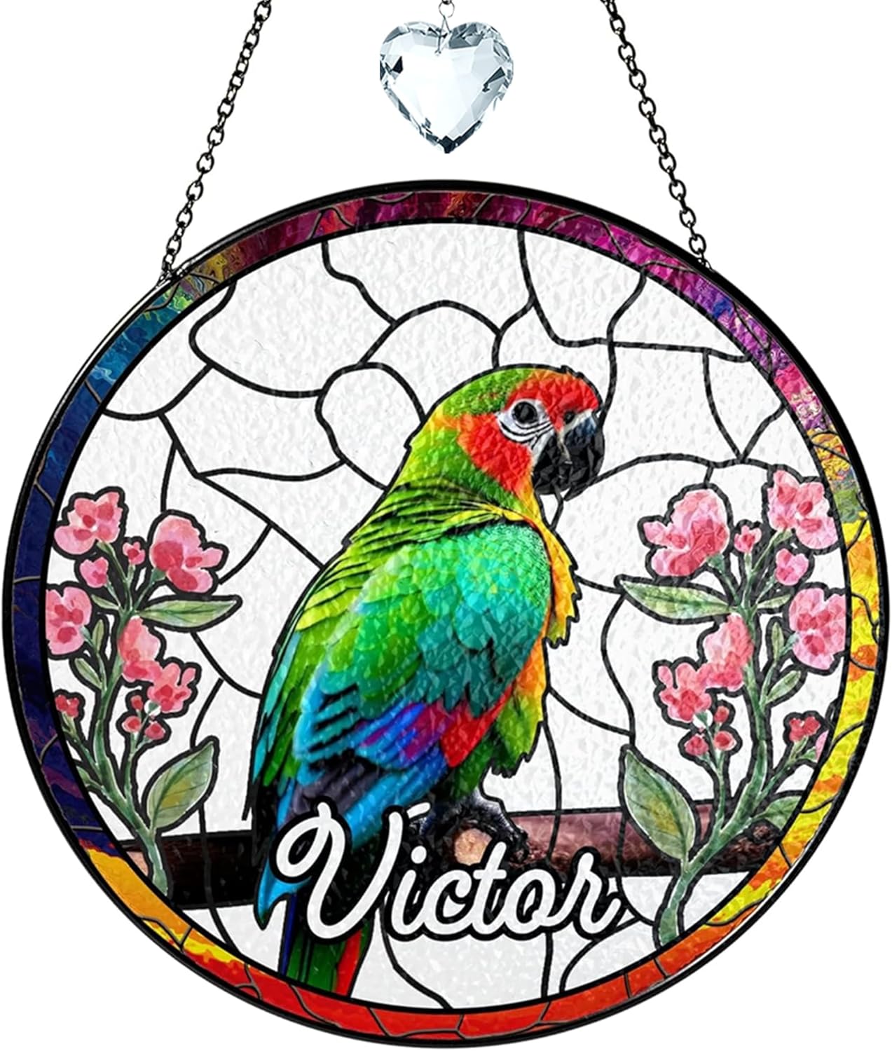 Parrot and Flowers Stained Glass Suncatcher Art Glass Bird and Flower for Sun Catcher Indoor Window Gift for Pet Animal Nature Floral Lover Women Mom Friend Painted Panel Décor