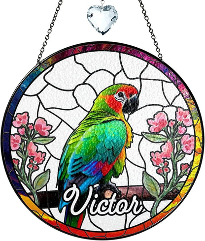 Parrot and Flowers Stained Glass Suncatcher Art Glass Bird and Flower for Sun Catcher Indoor Window Gift for Pet Animal Nature Floral Lover Women Mom Friend Painted Panel Décor