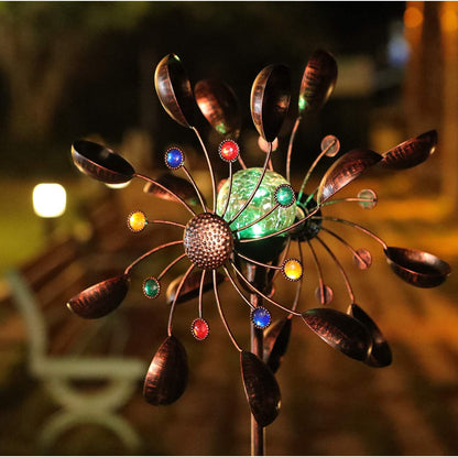 Solar Wind Spinner Multi-Color LED Lighting by Solar Powered Glass Ball with Kinetic Wind Aculptures Dual Direction Decorative Lawn Ornament Wind Mill.