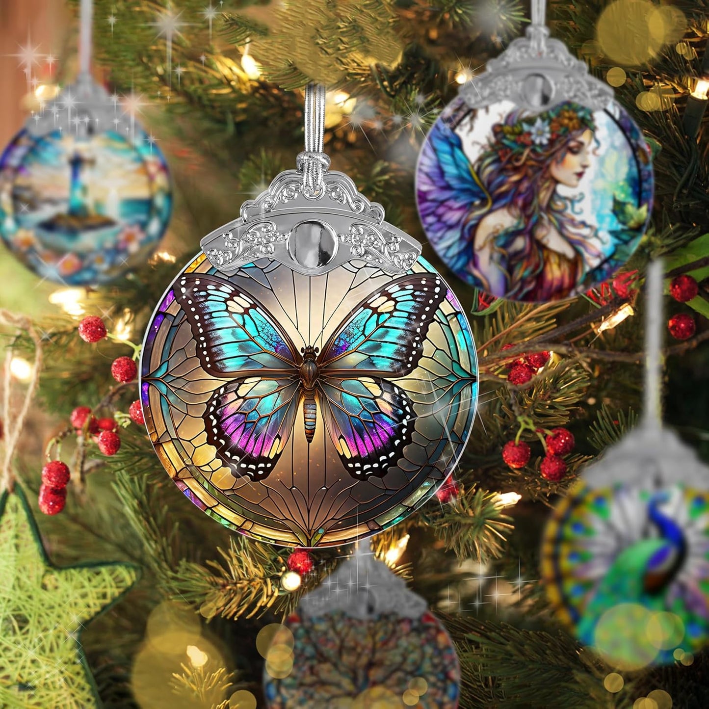 Stained Glass Suncatcher Butterfly Ornament for Christmas, Holidays, Tree Decor, Home Decoration and Gifts