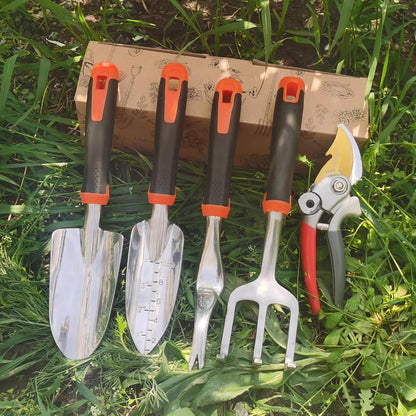 Garden Tools Set, 5 Piece Aluminum Hand Tool Kit with Ergonomic Handle, Heavy Duty Gardening Tools Include Hand Trowel, Transplant Trowel, Hand Rake, Weeder and Shears (Orange)