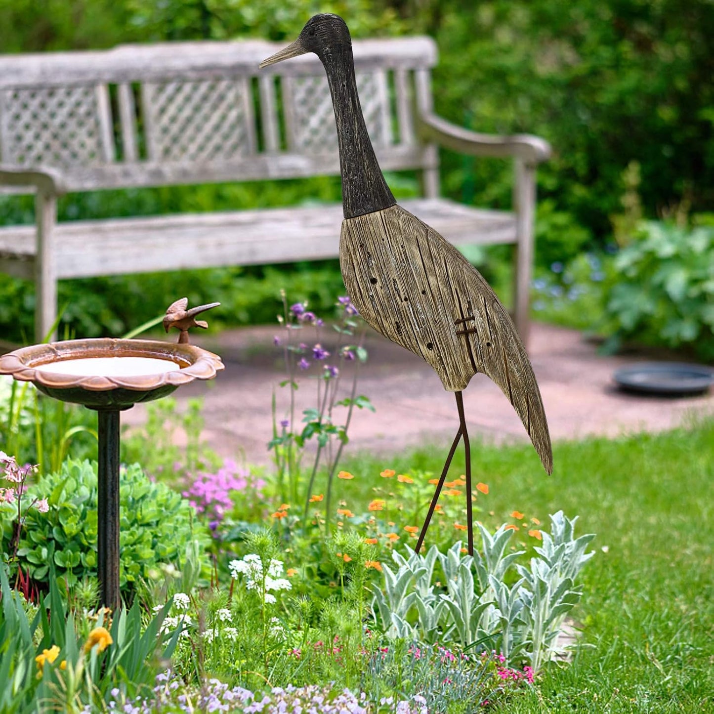 Morning View Wooden Crane Decor Wood Sea Birds Statue Bird Figurines Seabird Statue Standing Cranes Decorations Coastal Sculpture Nautical Beach Ocean Home Table Garden Yard Lawn Outdoor 31 Inch