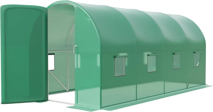 15x7x7 ft Walk-in Tunnel Greenhouse for Outdoor Gardening - Heavy Duty Galvanized Steel Hoop House with Green PE Cover, A Swing Door & 8 Vent Windows, Plant Protection & Year-Round Growing