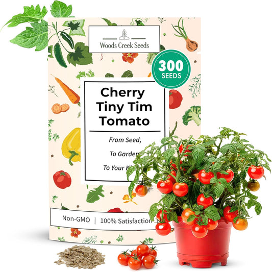 Woods Creek Seeds: Tiny Tim Tomato Seeds for Planting - Heirloom Tomato Seeds for Planting Outdoors, Indoors, Patio or Home Plant Garden - Non-GMO Seed Pack of Dwarf Cherry Tomatoes