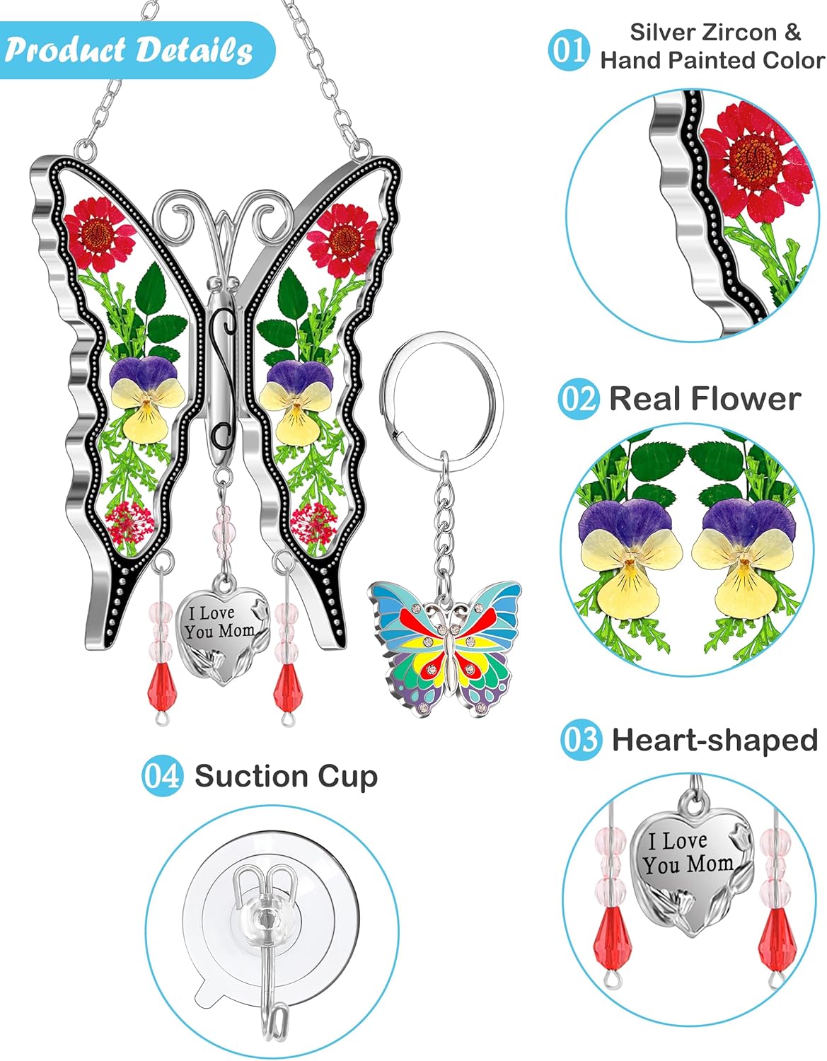 KY&BOSAM Gifts for Mom Suncatcher Butterfly I Love You Mom Stained Glass Sun Catcher Hanging Wind Chime Ornament for Window Pressed Flowers Between Wings with Heart Charm Gift for Women Mother`s Day