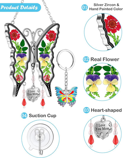 KY&BOSAM Gifts for Mom Suncatcher Butterfly I Love You Mom Stained Glass Sun Catcher Hanging Wind Chime Ornament for Window Pressed Flowers Between Wings with Heart Charm Gift for Women Mother`s Day
