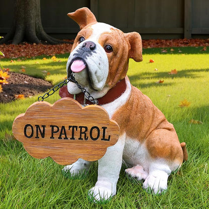 English Bulldog Outdoor Dog Statue with Flip-Over “Welcome/ON Patrol” Plaque and Solar Path Lantern, Brown & White Sitting Puppy for Porch & Lawn
