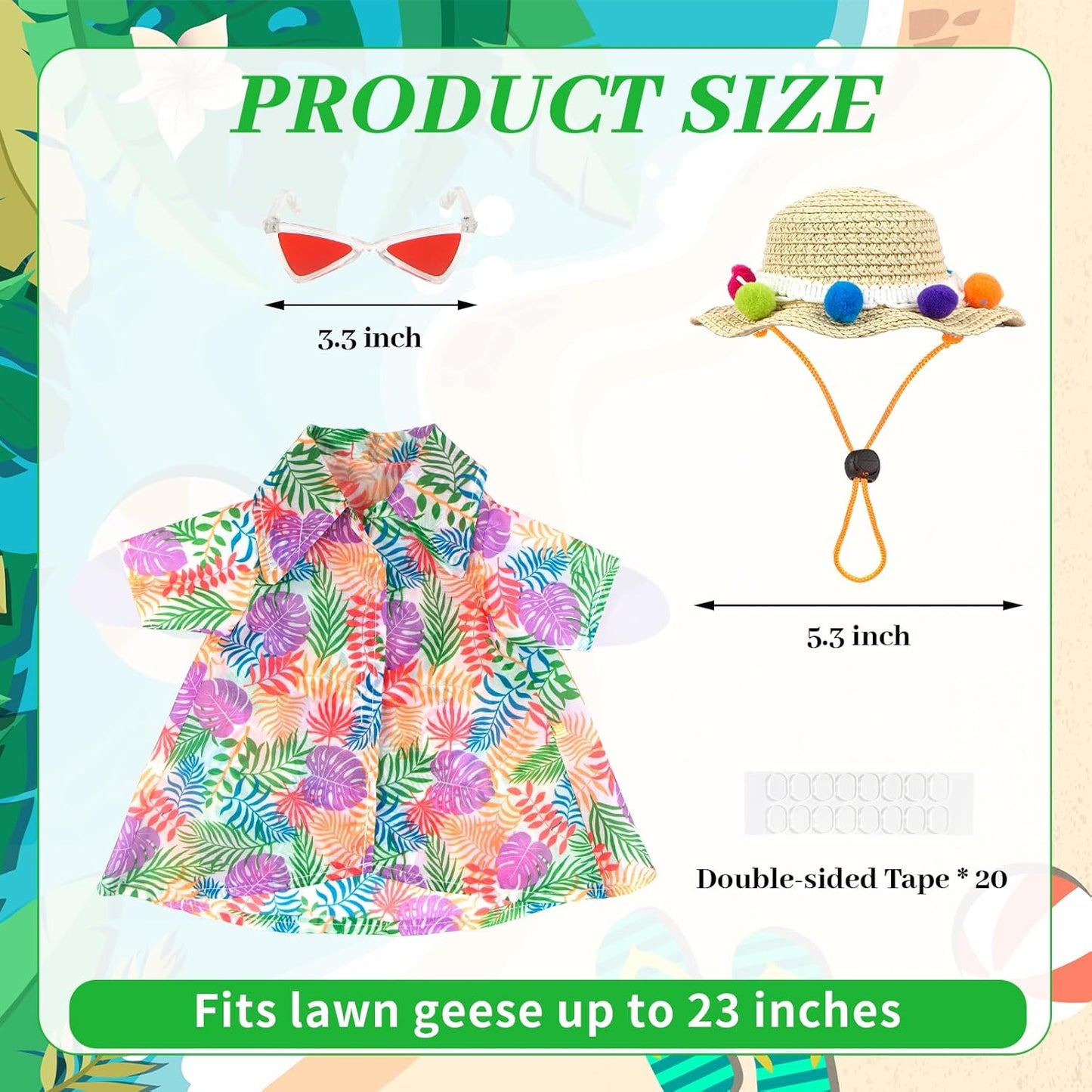 Hawaiian Porch Goose Outfits, Summer Lawn Goose Outfit with Sunglasses & Hat, Yard Goose Clothes and 3 Pcs/Set Goose Costume for 23" 17" Statue Patio Garden Decoration
