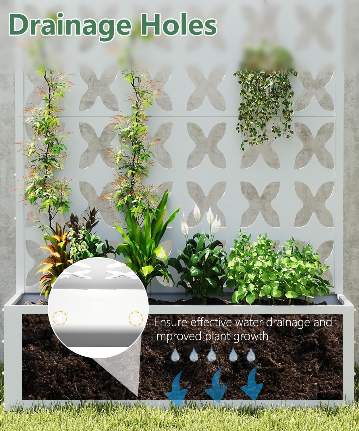 Metal Planter Box with Trellis,70.9"x47.2"x15.7" Raised Garden Bed with Drainage Holes, Privacy Planters for Outdoor Garden Bed for Climbing Plants,Vegetables,and Vines, White-X
