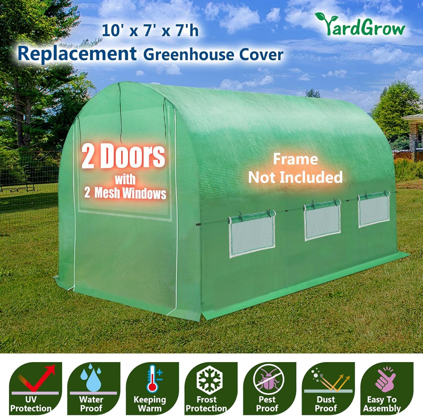 YardGrow Greenhouse Replacement Cover Larger Walk in Outdoor Plant Gardening Greenhouse, 2-Doors with 2 Mesh Windows, Frame Does NOT Included (10'x7'x7')