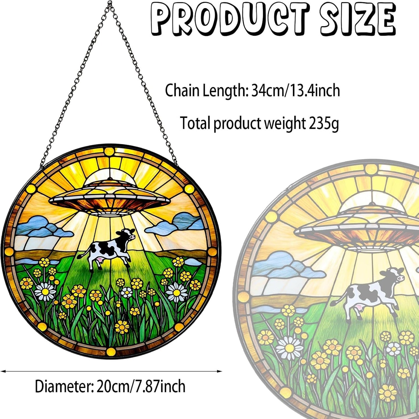 Cow Wildflowers Stained Glass Window Hanging UFO Abduction Sun Catcher Funny Gifts for Women Room Decor Handmade SunCatcher Decoration for Home Window Decor, 7.87inch
