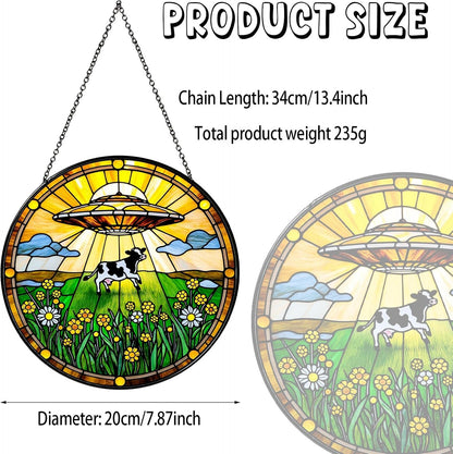 Cow Wildflowers Stained Glass Window Hanging UFO Abduction Sun Catcher Funny Gifts for Women Room Decor Handmade SunCatcher Decoration for Home Window Decor, 7.87inch