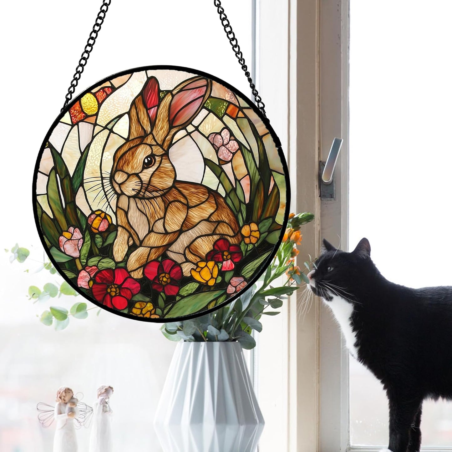 Stained Glass Window Hanging, Cute Bunny Flowers Sun Catcher for Window Door Home Decor, Rabbit Suncatcher Christmas Mother's Day Birthday Gifts for Women Men Mom and Nana 11.8 in