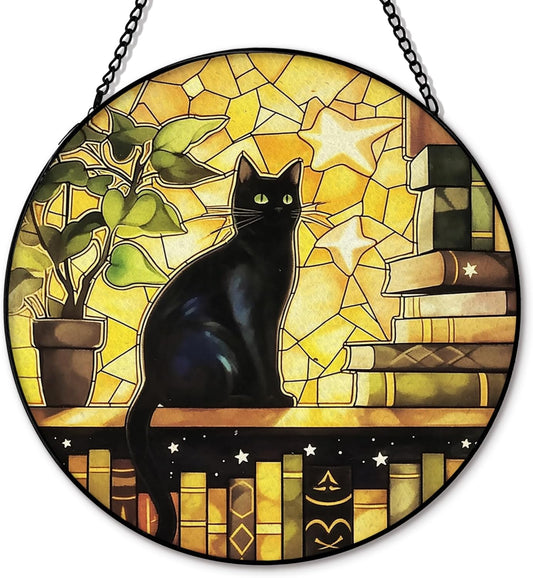 Black Cat Suncatcher Stained Glass Window Hanging, Cat Book Lovers Sun Catchers Indoor Window Glass