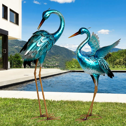 Garden Crane Statues for Outdoor Blue Heron Metal Birds Yard Art Ornaments for Backyard Pond Patio