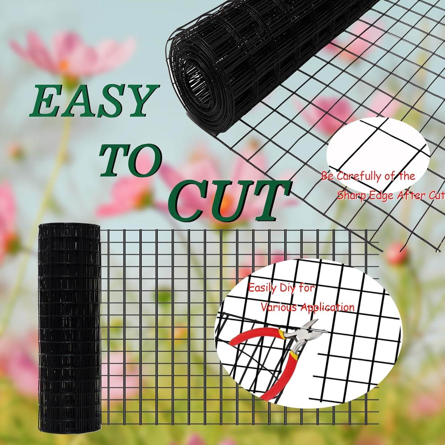 Black Metal Garden Fence, 60inch(H) x 50ft(L), 2 inch x 3 inch,14GA 2/3/4/5/6 Ft Tall Chicken Wire PVC Coated Welded Wire Mesh Roll for Dogs Border Yard Vegetable Plant Protection Poultry Netting