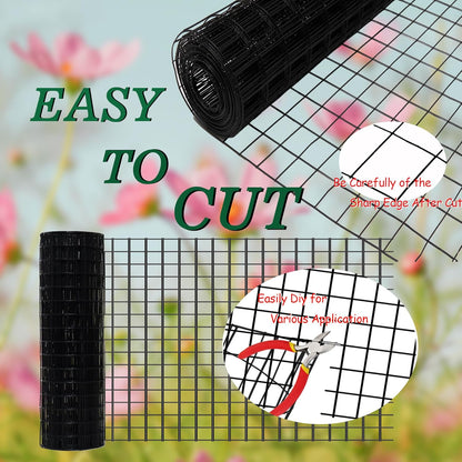 Black Metal Garden Fence, 60inch(H) x 50ft(L), 2 inch x 3 inch,14GA 2/3/4/5/6 Ft Tall Chicken Wire PVC Coated Welded Wire Mesh Roll for Dogs Border Yard Vegetable Plant Protection Poultry Netting