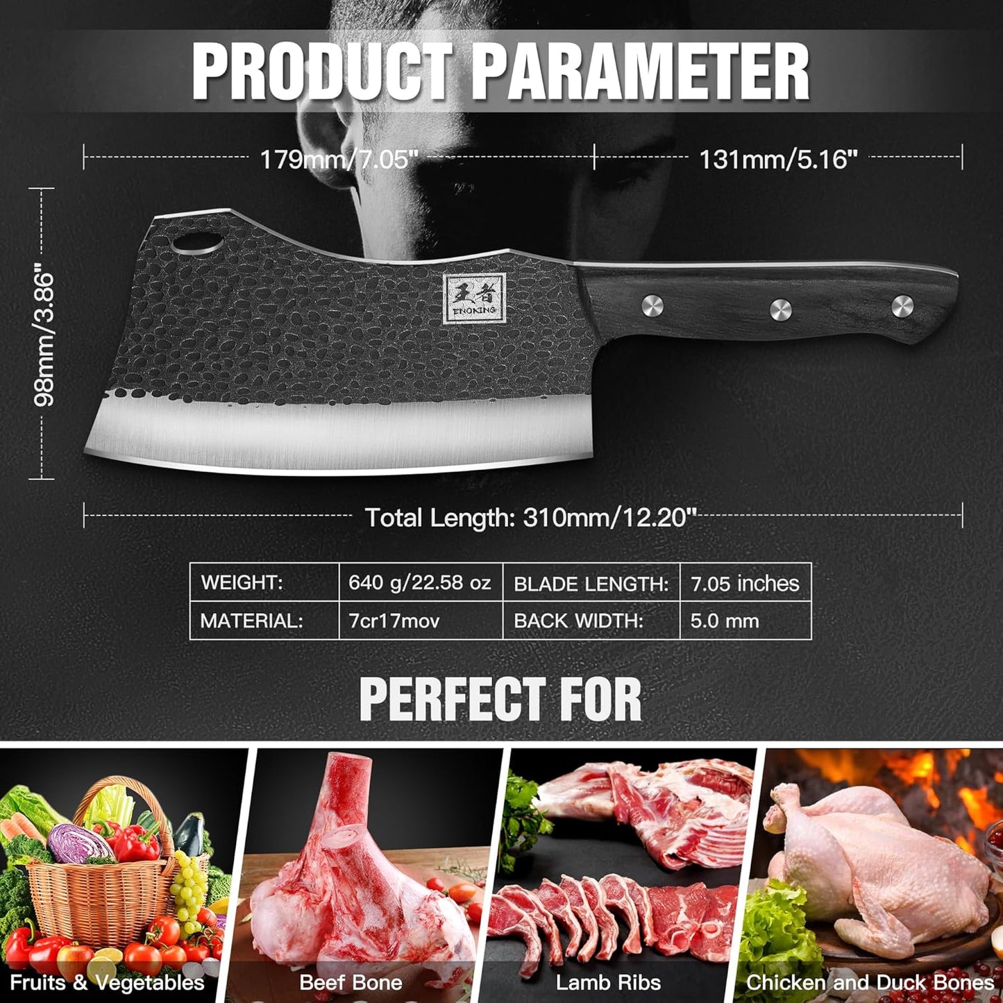 ENOKING 7.1″ Butcher Knife & Chef’s Knives – Hand Forged High Carbon Stainless Steel, Full Tang for Kitchen & Outdoor Meat Cutting