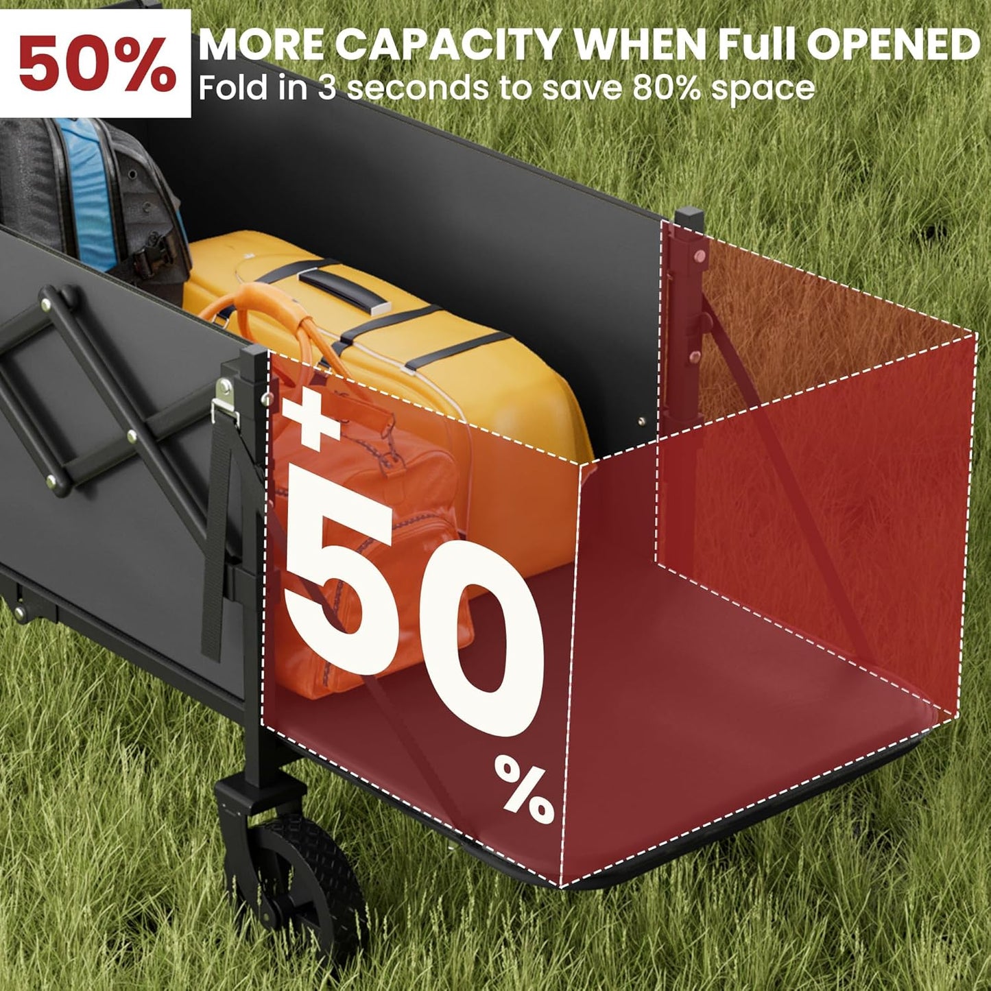 Collapsible Wagon with Wheels & Tailgate, 350LBS Wagons Carts Foldable Heavy Duty, Lightweight Portable Folding Utility Wagon Grocery Shopping Cart for Garden, Camping, Beach (Black)