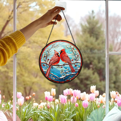 Cardinal Suncatcher Stained Glass Window Hanging Decor, Winter Christmas Cardinal Stained Glass Wall Decor, Christmas Bird Lawn Garden Sun Catchers Indoor Window Hanging Wall Art, 7.9x7.9In