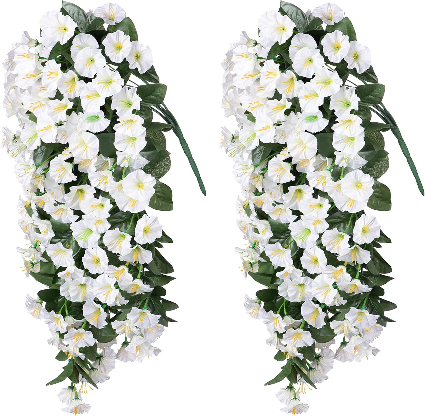 HyeFlora Artificial Fake Hanging Flowers Plants Vines for Outdoor Summer Decoration, 2PCS Faux Silk White Morning Glory Look Real UV Resistant for Home Outside Planter Porch Patio