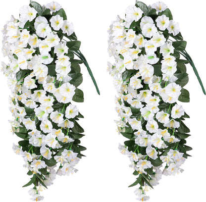 HyeFlora Artificial Fake Hanging Flowers Plants Vines for Outdoor Summer Decoration, 2PCS Faux Silk White Morning Glory Look Real UV Resistant for Home Outside Planter Porch Patio