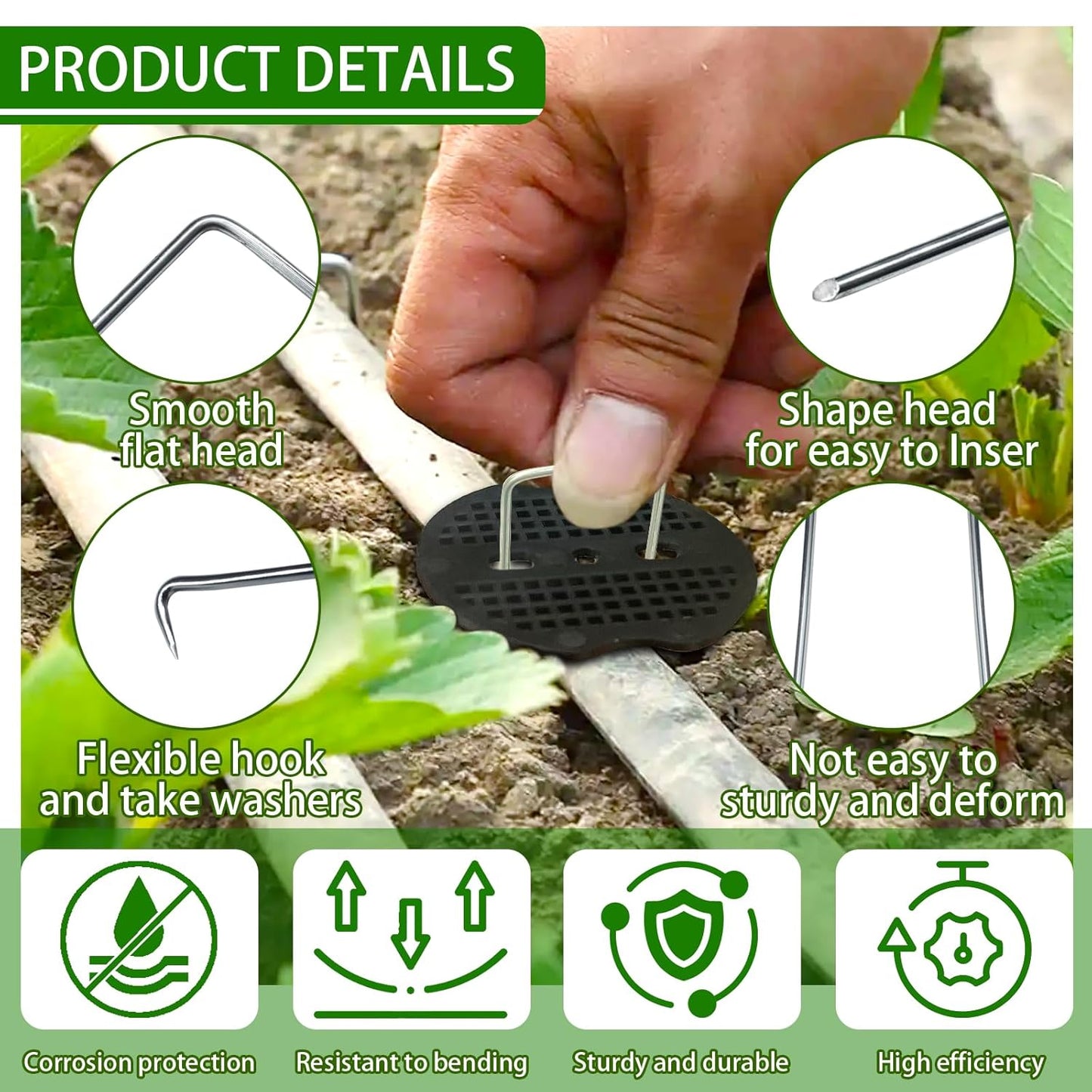 100Sets Garden Stakes Staples and Fixing Gaskets 6 Inch U Shaped Heavy Duty Lawn Staples 11 Gauge Galvanized Landscape Pins with 1 Pick Hook for Weed Barrier Fabric Ground Covers Holding Fence