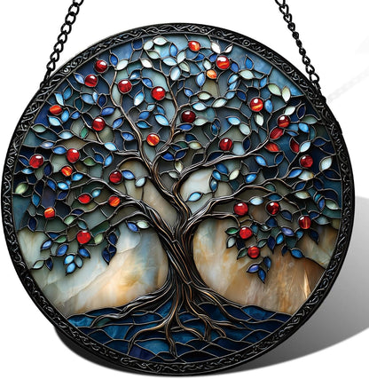 Colorful Tree of Life Suncatcher -7.9 in Stained Glass Window Hanging Sun Catcher Garden Decor