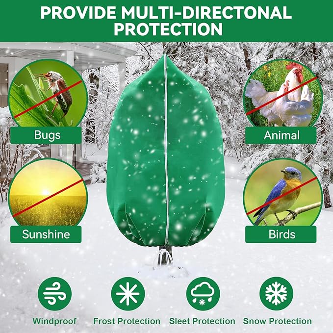 2 Packs Plant Covers Freeze Protection 47" x 70" 2.82oz/yd² Heavy Duty Winter Cold Weather Frost Cloth Blankets, Garden Warm Jacket Bags with Zipper & Drawstring for Outdoor Plants Fruit Tree Potted