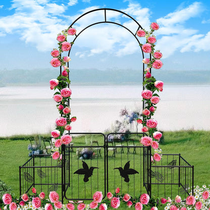 Metal Garden Arbor Arch with Gate and Plant Box, 86.6" H Garden Trellis Wedding Arch Party Decoration for Outdoor Lawn Climbing Plants Support Roses Vines (Bird)