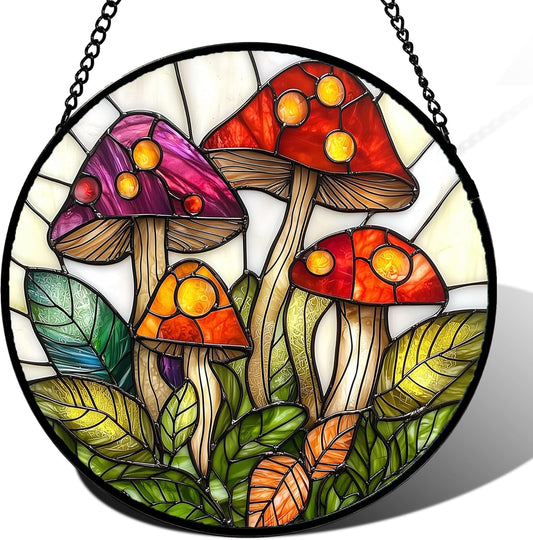 Stained Glass Window Hanging, Mushroom Leaves Suncatcher for Doors Home Sun Catchers Decoration and