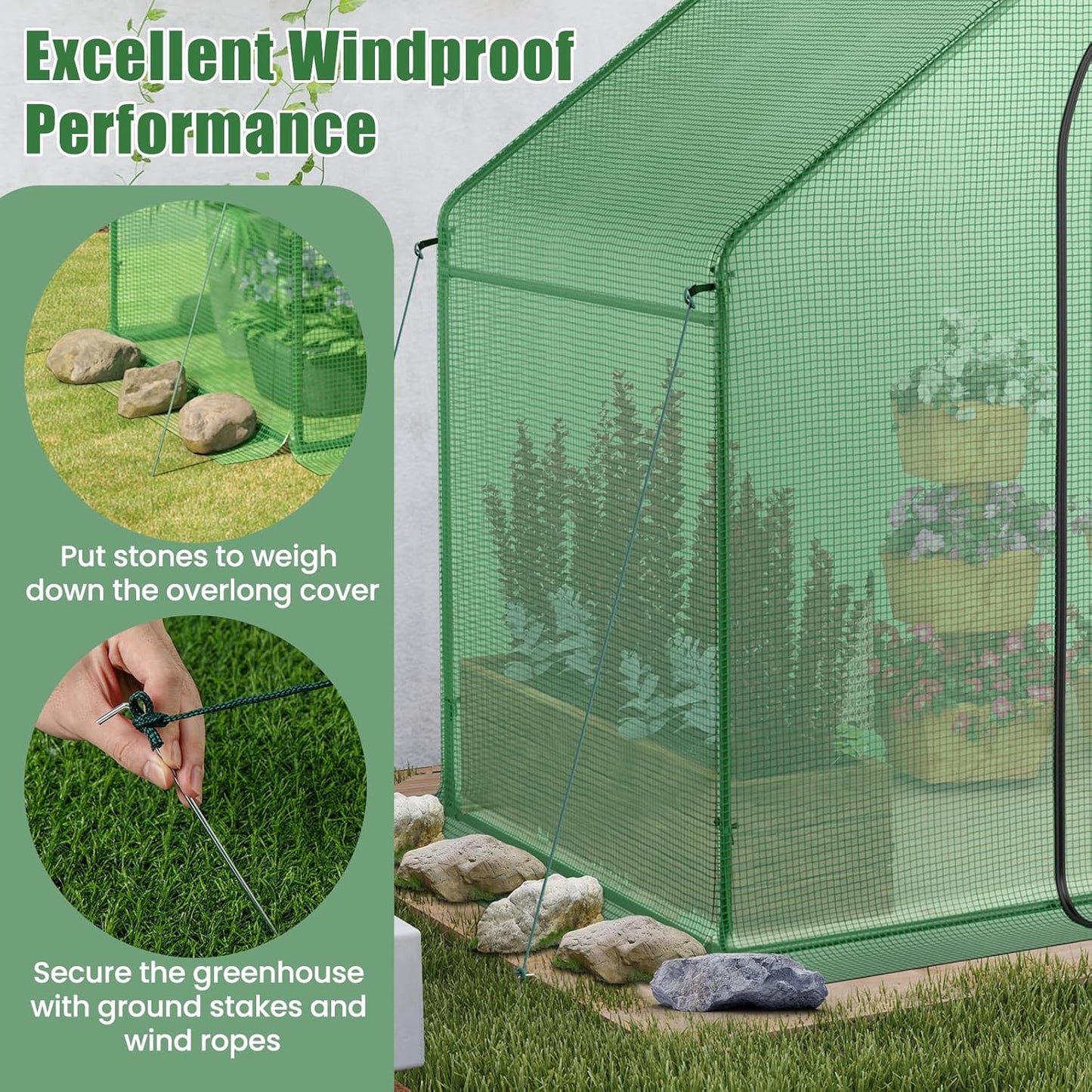 HAPPYGRILL Walk-in Greenhouse, 6 x 3 x 5.5 FT Portable Outdoor Green House for Winter w/ PE Cover, Rustproof PE-Coated Metal Frame, Roll-up Zippered Door, Window, Greenhouse for Outdoors
