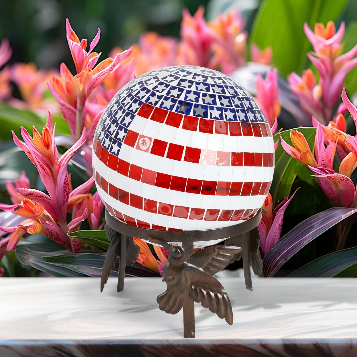 Mosaic Gazing Ball Patriotic Stars and Stripes Glass Globe Colorful Gazing Ball 10 inch for Outdoor Home Garden Yard Patio Decor