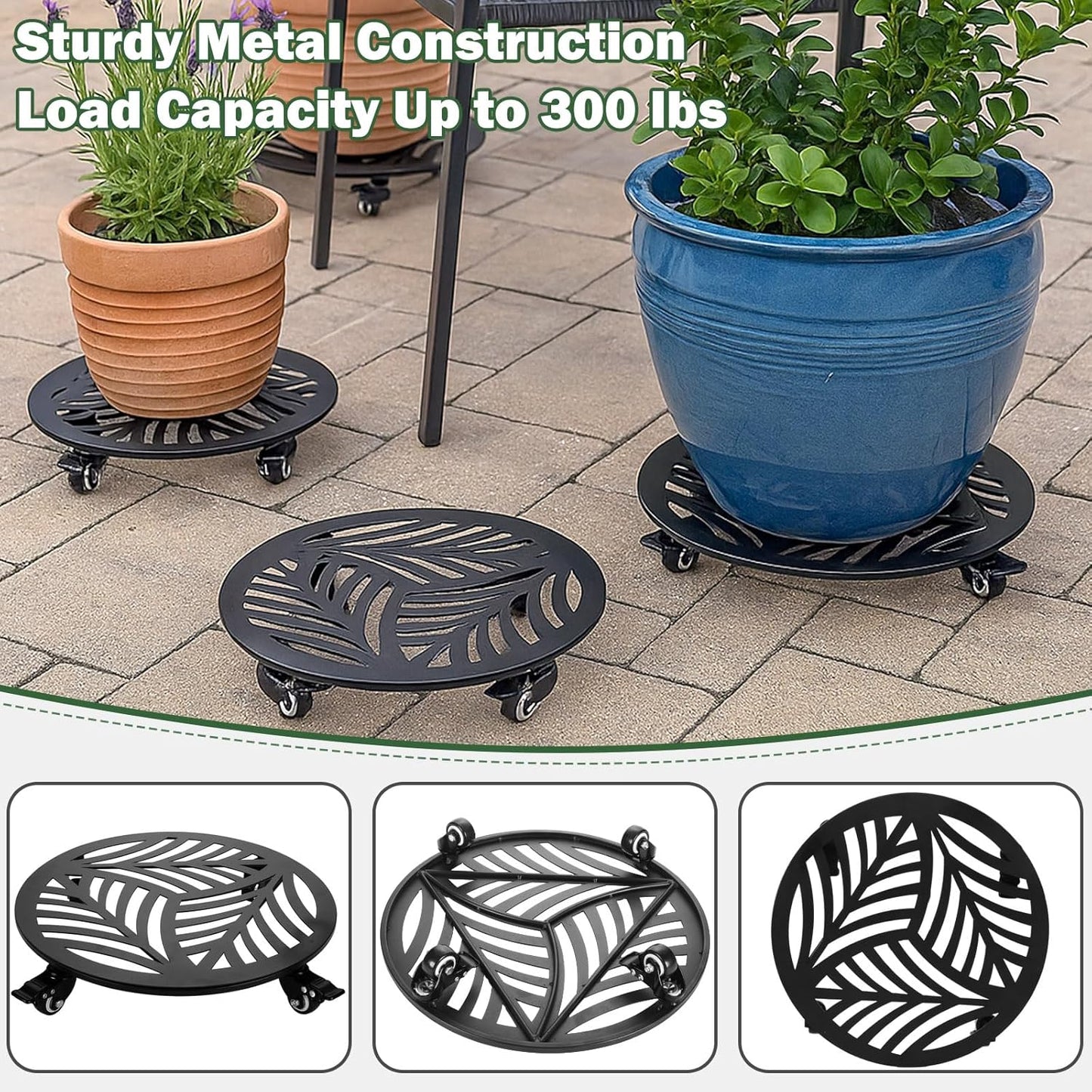 Planterhoma 2 Packs 16 Inch Extra-Large Metal Plant Caddy with Wheels - Heavy-Duty Iron Rolling Plant Stand - 360 Locking Wheels - Indoor/Outdoor - Black