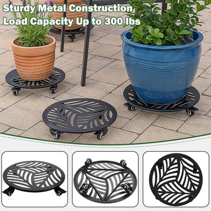 Planterhoma 2 Packs 16 Inch Extra-Large Metal Plant Caddy with Wheels - Heavy-Duty Iron Rolling Plant Stand - 360 Locking Wheels - Indoor/Outdoor - Black