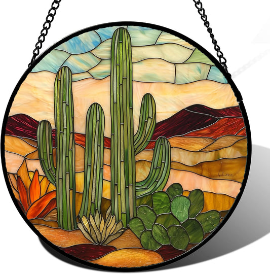 Stained Glass Window Hanging, Green Cactus Sun Catcher for Door Terrace Garden Home Decor, Abstract
