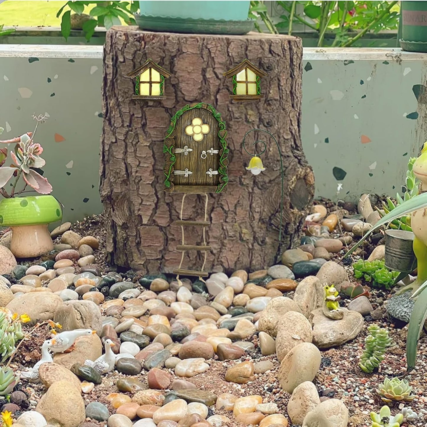 Fairy Door and Windows Garden Kit Accessories Outdoor, Glow in Dark Gnome House for Tree, Lawn Yard Art Sculpture, Miniature Garden Decor (Ladder)