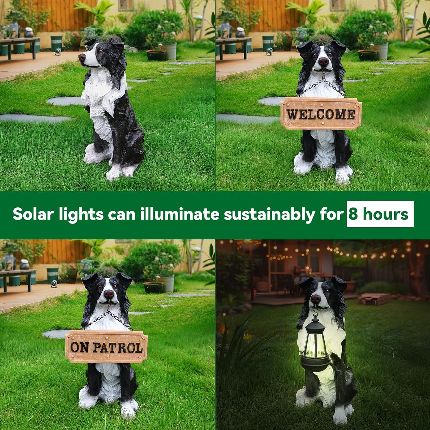 Border Collie Outdoor Dog Statue with Reversible “Welcome/ON Patrol” Plaque and Solar Path Lantern, Black & White Sitting Herding Dog Yard Accent