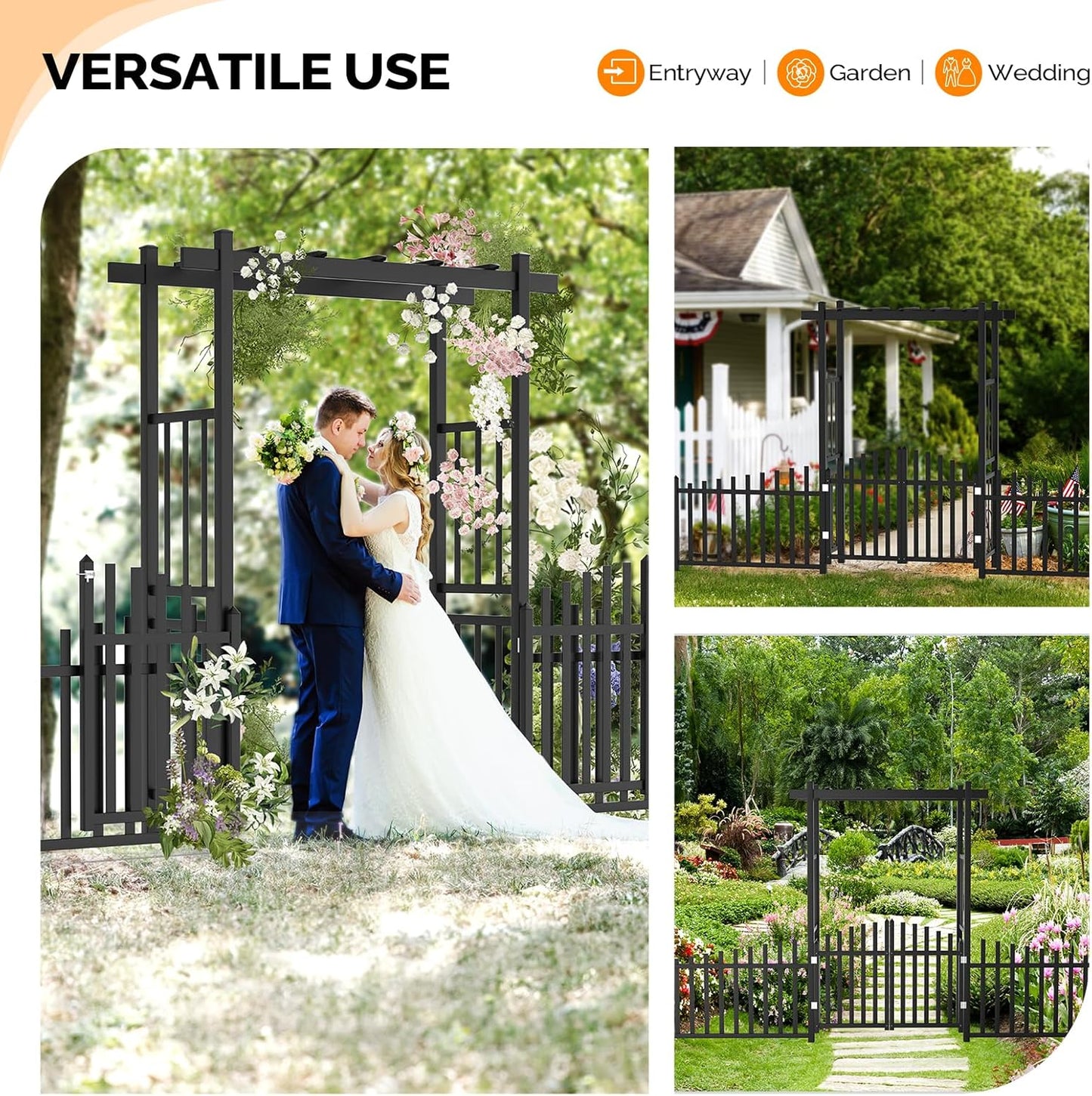 VINGLI Garden Arbor with Gate and Fence, PVC Frame Trellis Garden Arch for Plant Climbing, Vinyl Pergola Wedding Arch Backdrop Standing for Backyard, Lawn, Event (Black)
