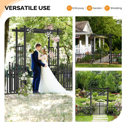 VINGLI Garden Arbor with Gate and Fence, PVC Frame Trellis Garden Arch for Plant Climbing, Vinyl Pergola Wedding Arch Backdrop Standing for Backyard, Lawn, Event (Black)