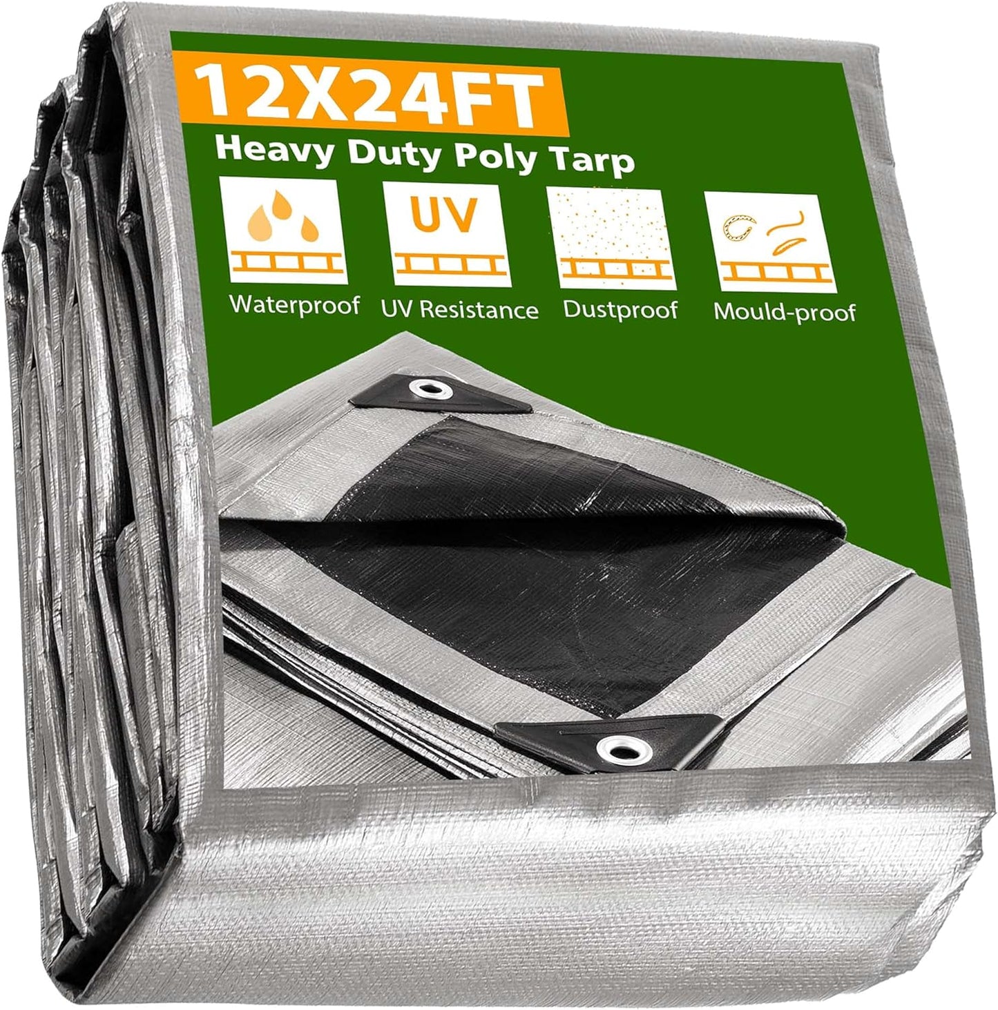 Yescom 12x24 Ft 10 Mil Poly Tarp Protective Cover Tarpaulin Heavy Duty Reversible Silver Black Tarps